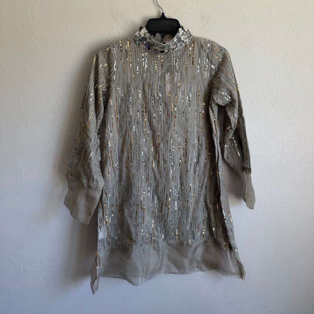 NWT Cross Stitch 100% Organza Silk Oyster Streak Gray Sequin Tunic Top Womens XS